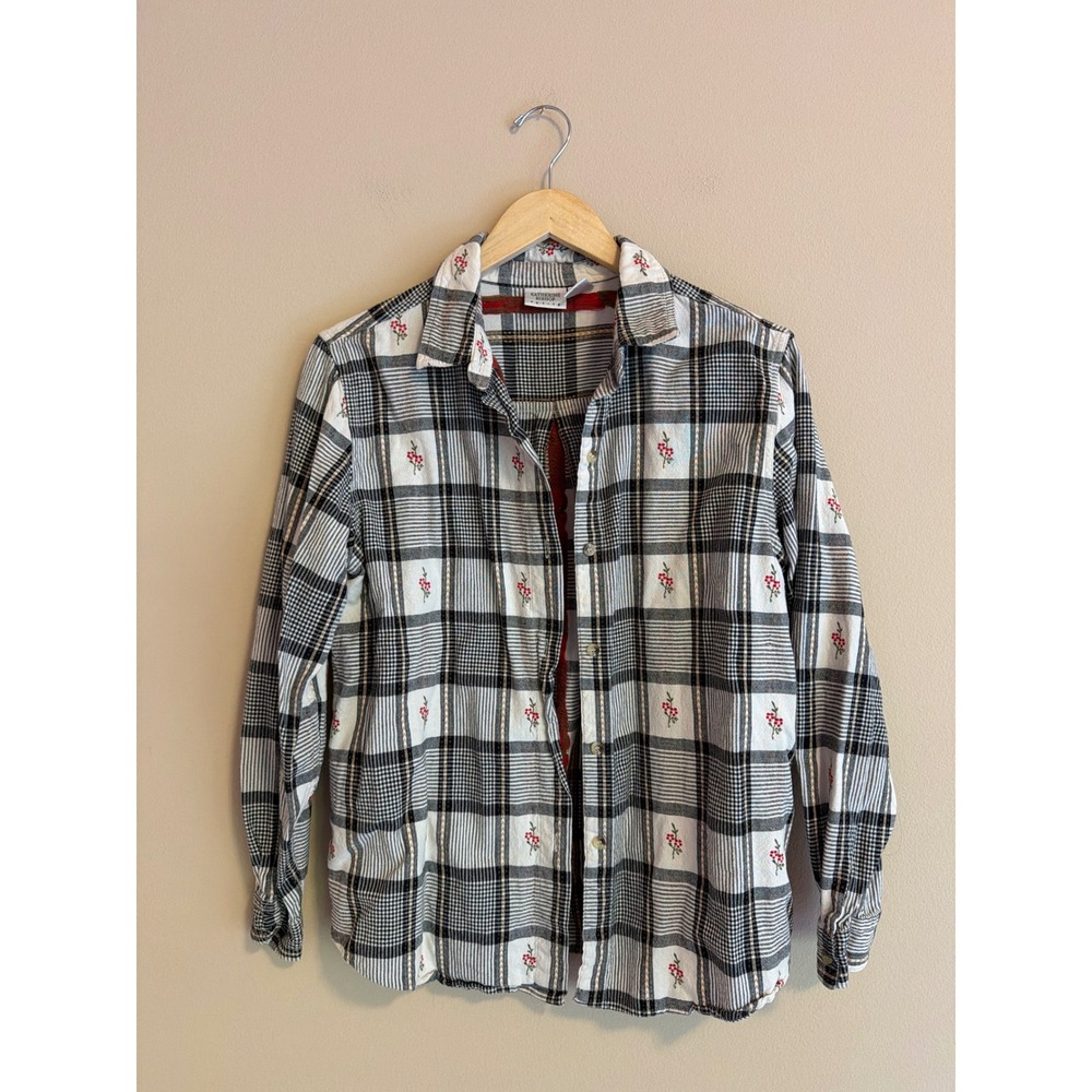 Vintage Plaid Floral‎ Embroidered Cotton Button Down Shirt PL